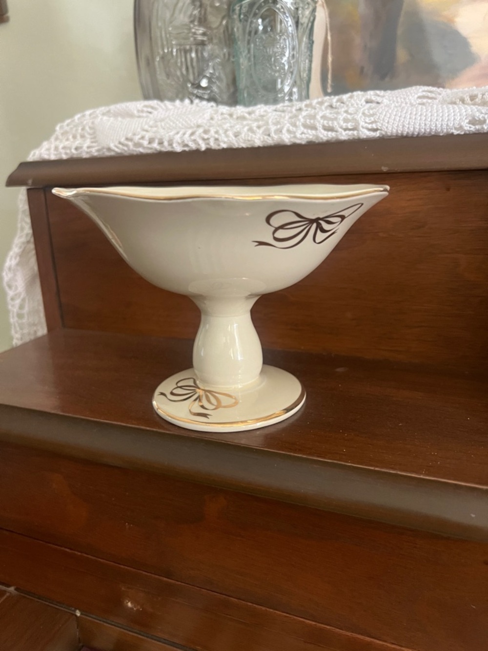 Elegant Cream Ceramic Compote with Gold Trim and Bow Accent